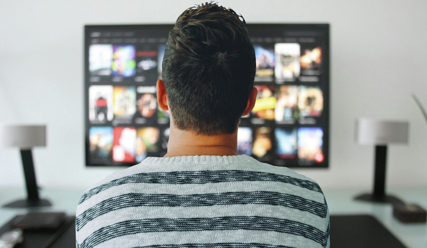 The back o a persons head watching TV in their living room